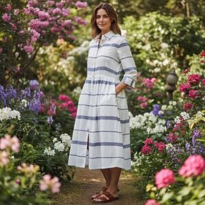 Dizzy Lizzie Dress Midi Length Button Down Shirt Striped size Large NWT